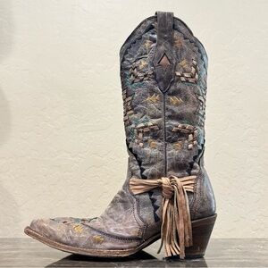 Corral Embroidered Woven Tassel Fringe Leather Cowboy Boots